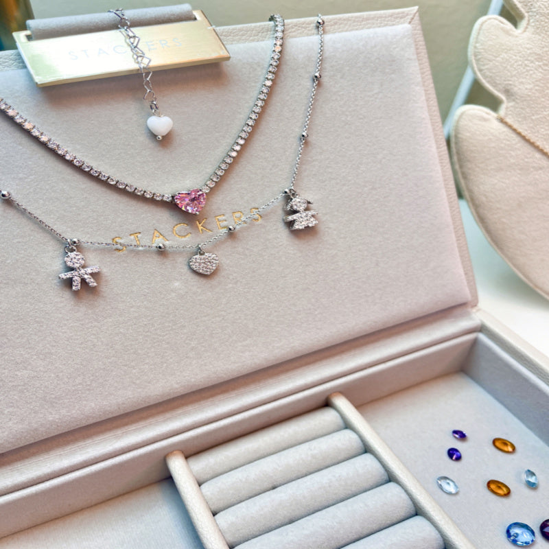 Collana Bebè di Zirconi con Catenina Sferette Alternate e Cuore Pavè di Zirconi