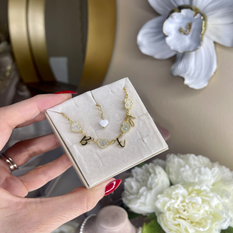 Collana Multi Iniziali con Cuoricini Pavè