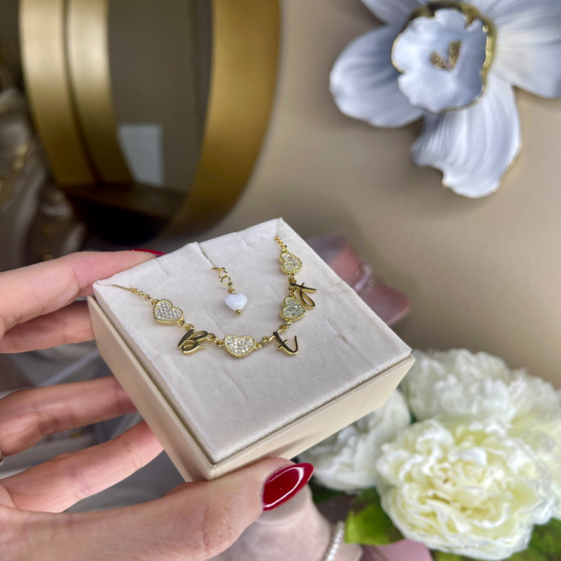 Collana Multi Iniziali con Cuoricini Pavè